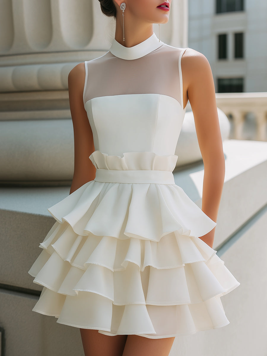 Anna-Berg | High-Neck Sheer Yoke Tiered Ruffle Dress
