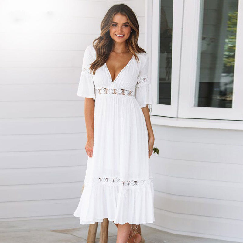 Anna-Berg | Boho Dress With V-Neck And Lace Inserts