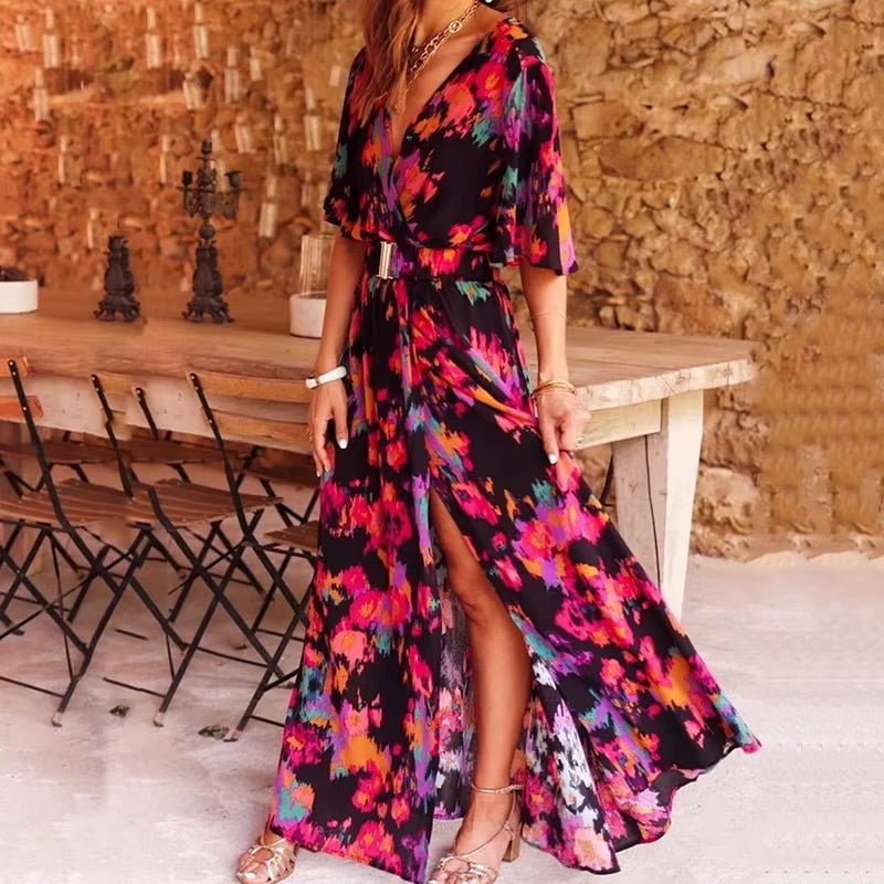 Anna-Berg | Boho Maxi Dress Deep V-Neck Wrap Style Summer