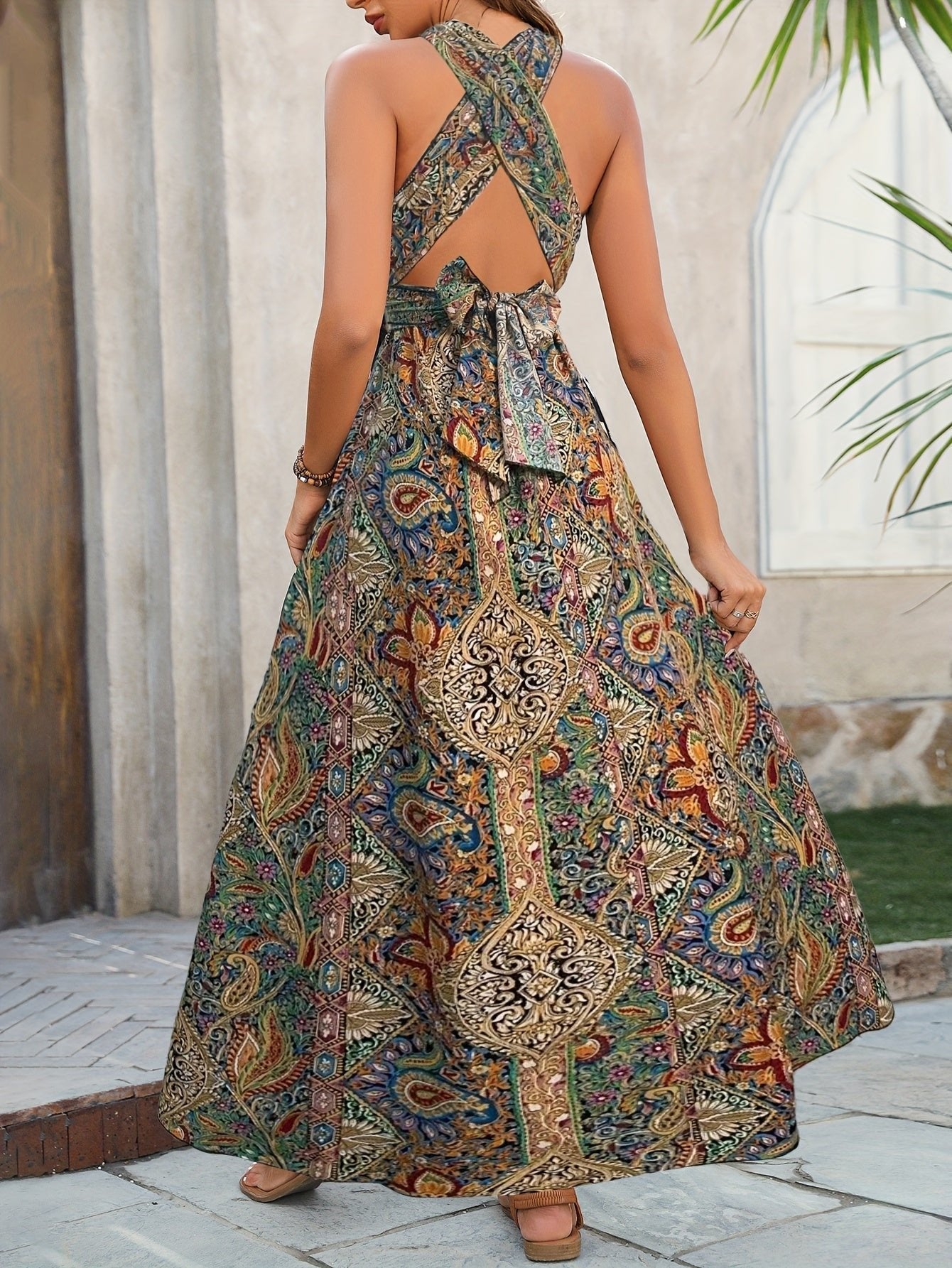 Anna-Berg | Boho Maxi Dress Halter Neck Cross Front Side Split