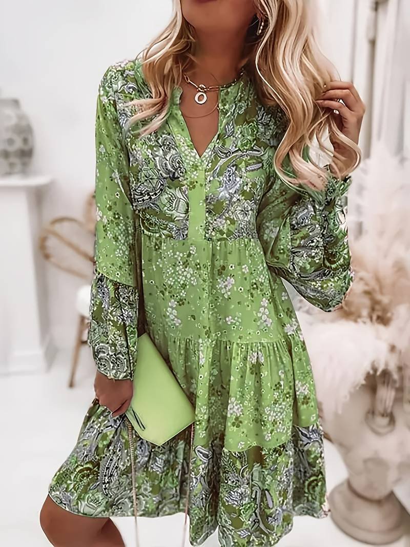 Anna-Berg | Boho Midi Dress Floral Print V-Neck Long Sleeve Tiered