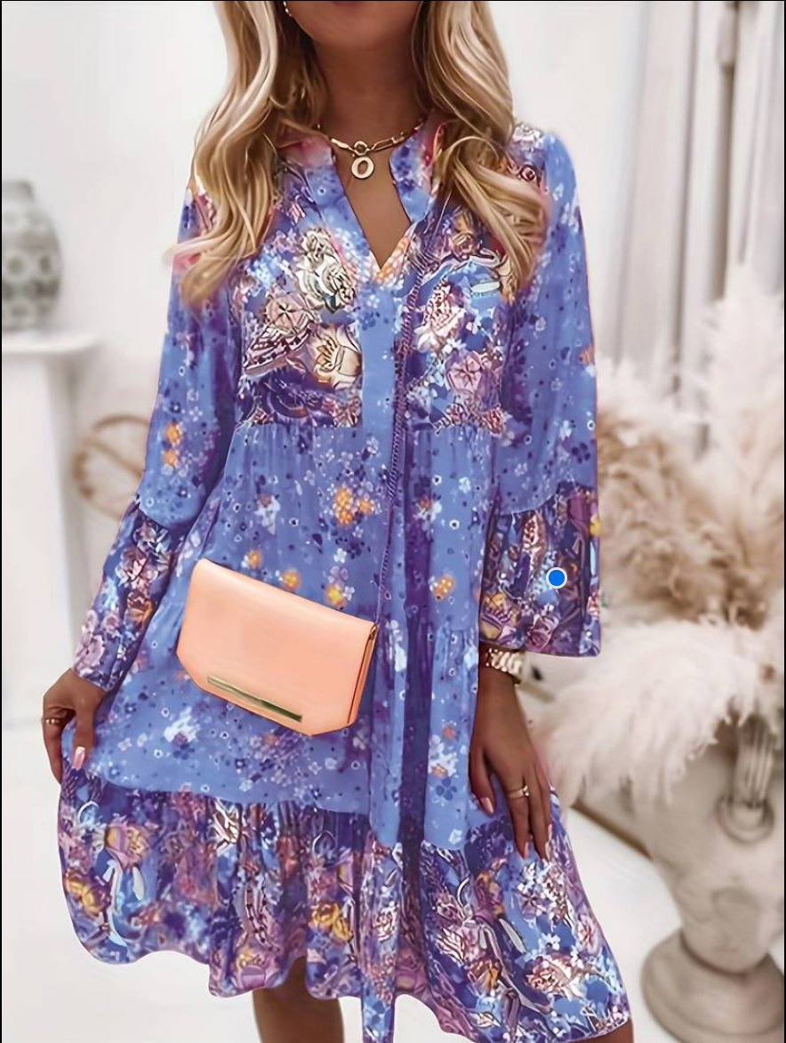 Anna-Berg | Boho Midi Dress Floral Print V-Neck Long Sleeve Tiered
