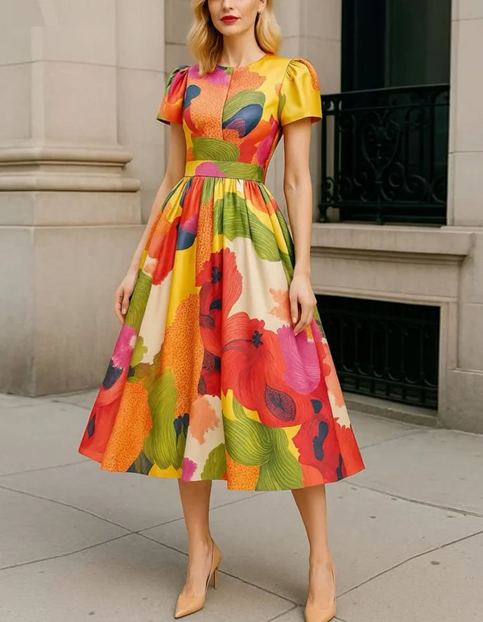 Anna-Berg | Red Satin A-Line Pleated Puff Dress