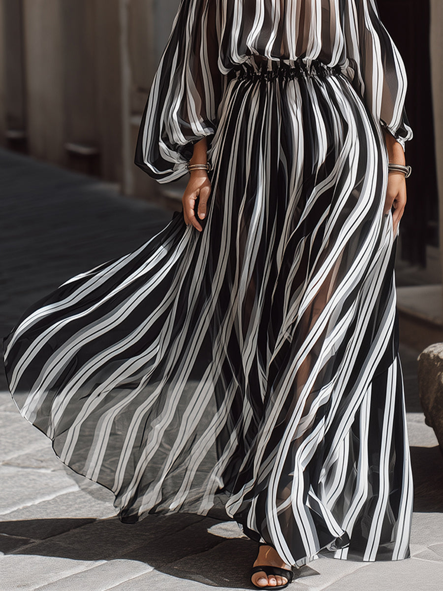 Anna-Berg | Elegant Off-The-Shoulder Vertical Stripe Chiffon Dress