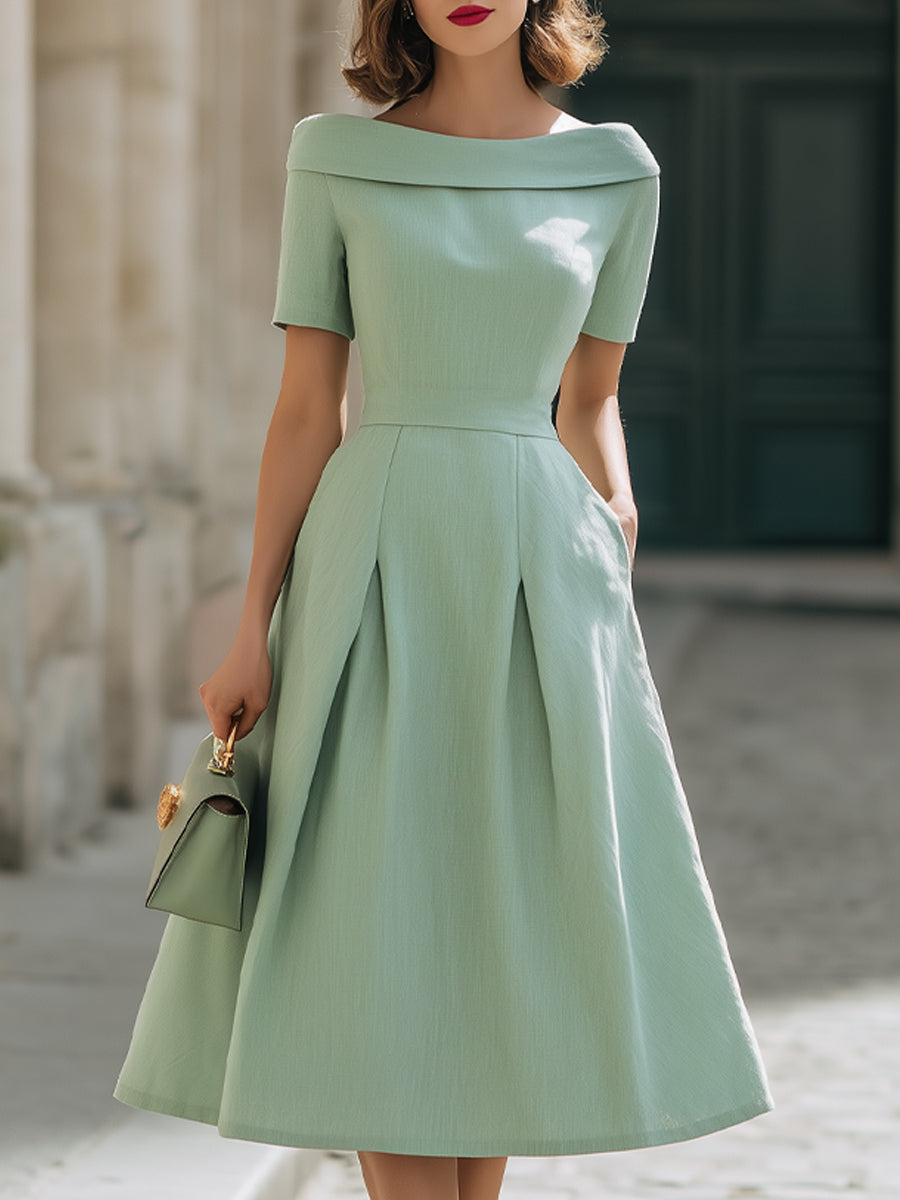 Anna-Berg | Mint Green Off-Shoulder Short Sleeve Fit-and-Flare Midi Dress With Pockets