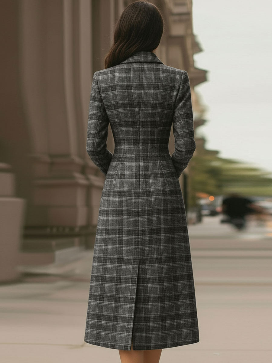 Anna-Berg | Elegant Plaid Asymmetric Button - Front Midi Dress