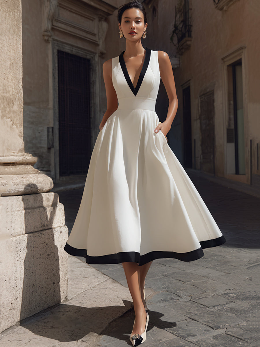 Anna-Berg | Elegant V-Neck A-Line Midi Dress With Contrast Trim And Pockets