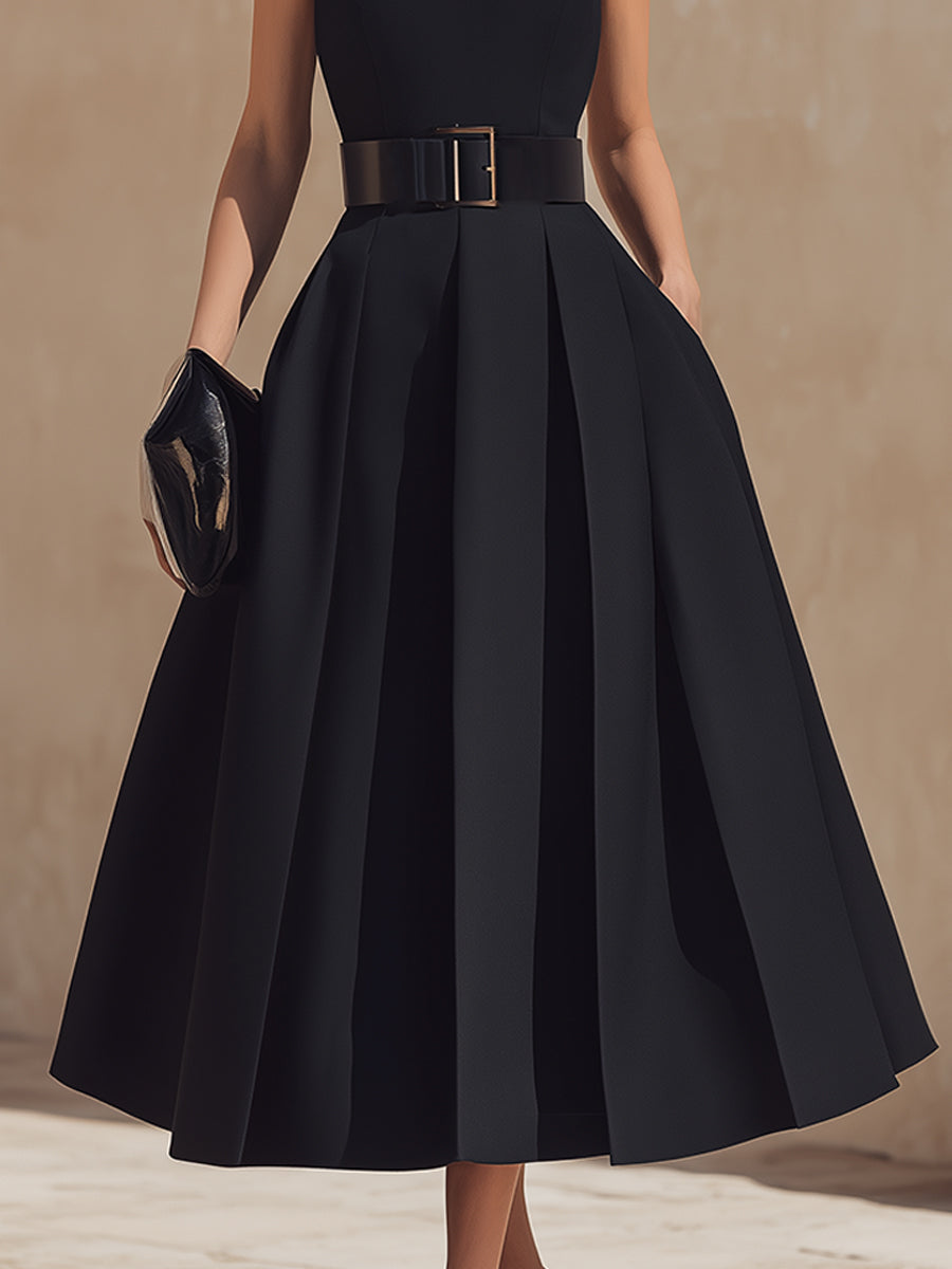 Anna-Berg | Belted High-Neck Pleated Sleeveless Dress