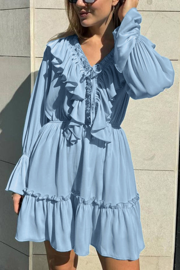Anna-Berg | Solid Color V-Neck Ruffled Ruched Dress