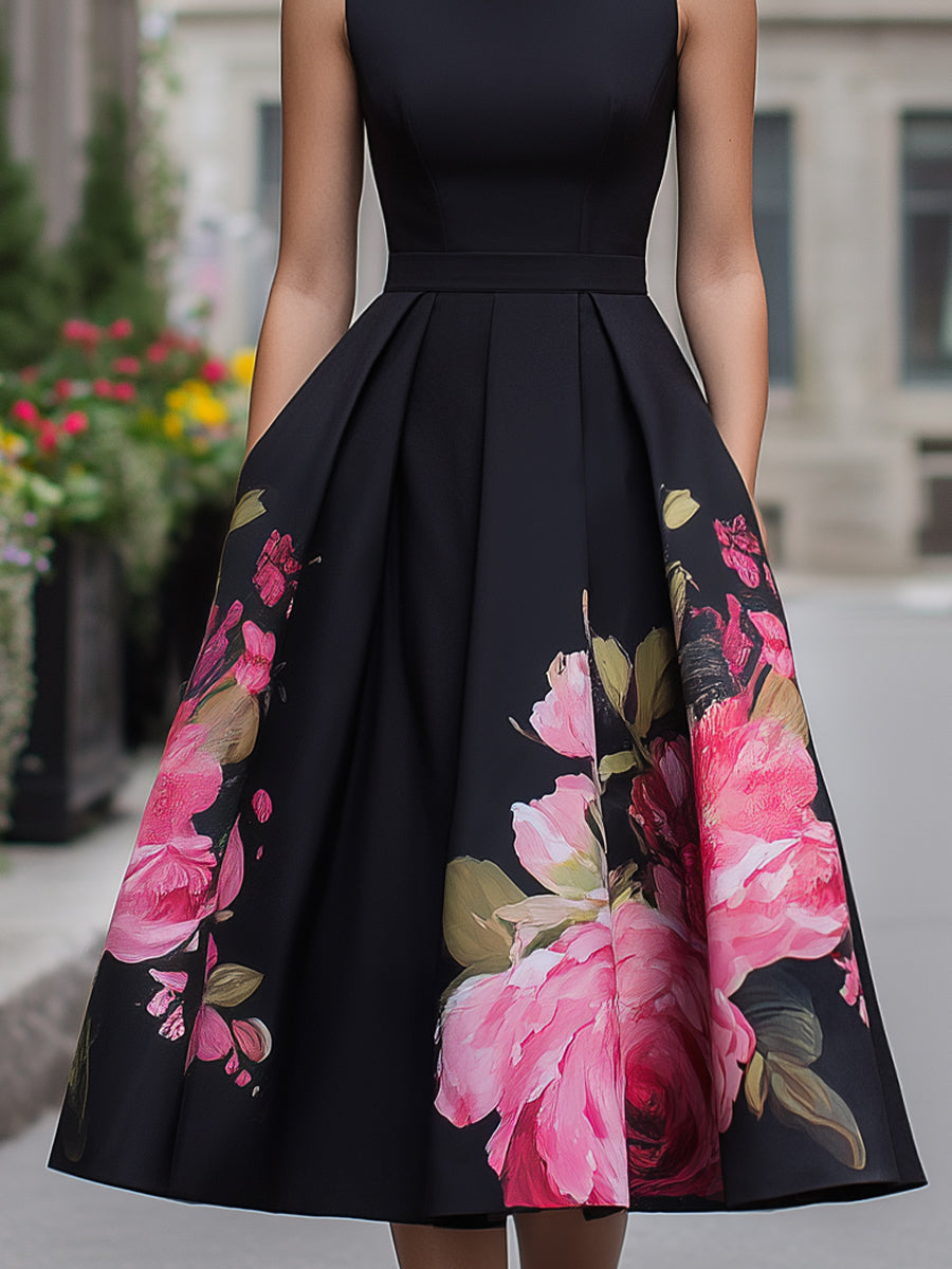 Anna-Berg | Elegant Sleeveless Midi Dress With Floral Printed Skirt