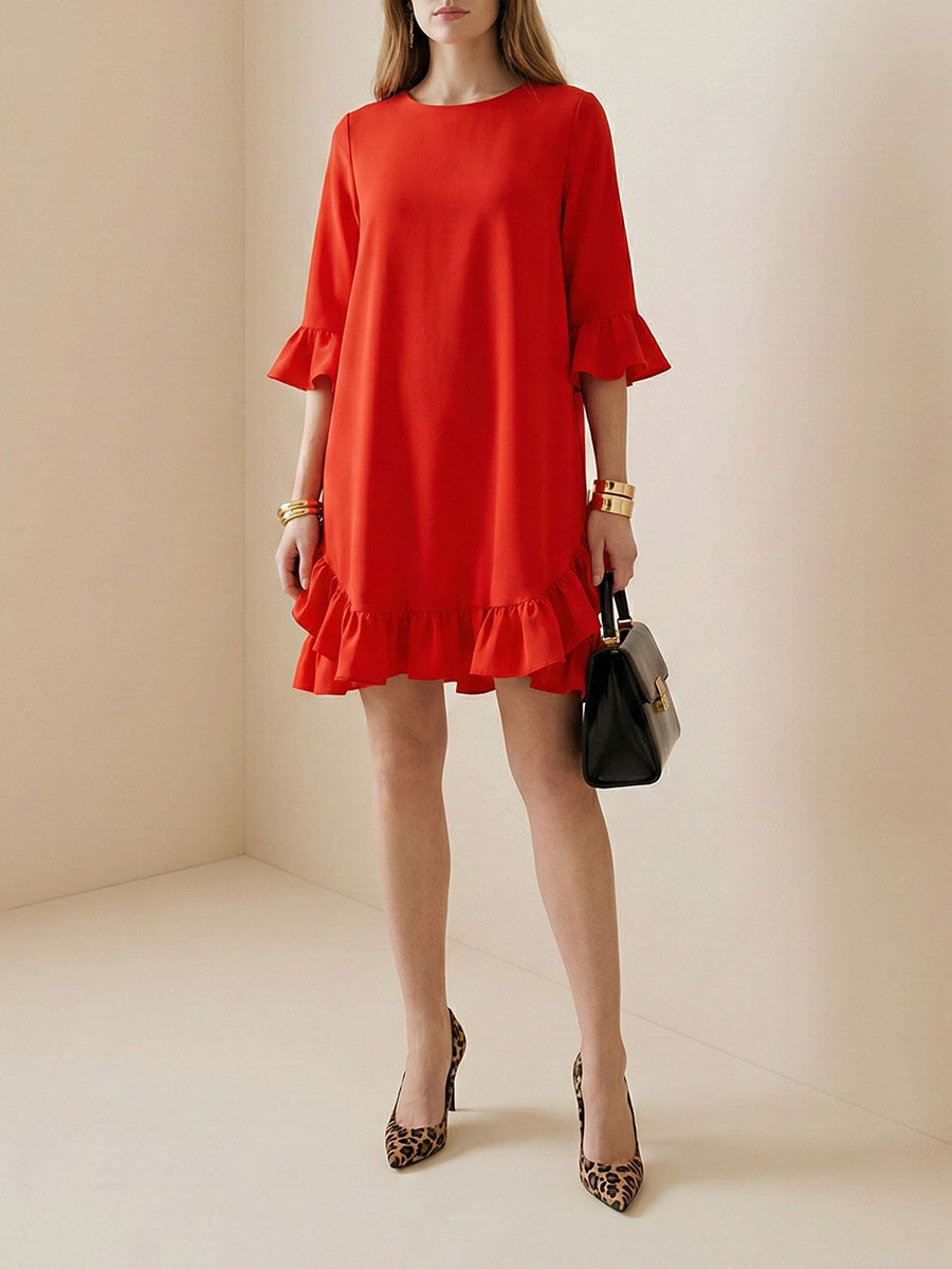 Anna-Berg | Falbala Solid Colour Round-Neck Dress