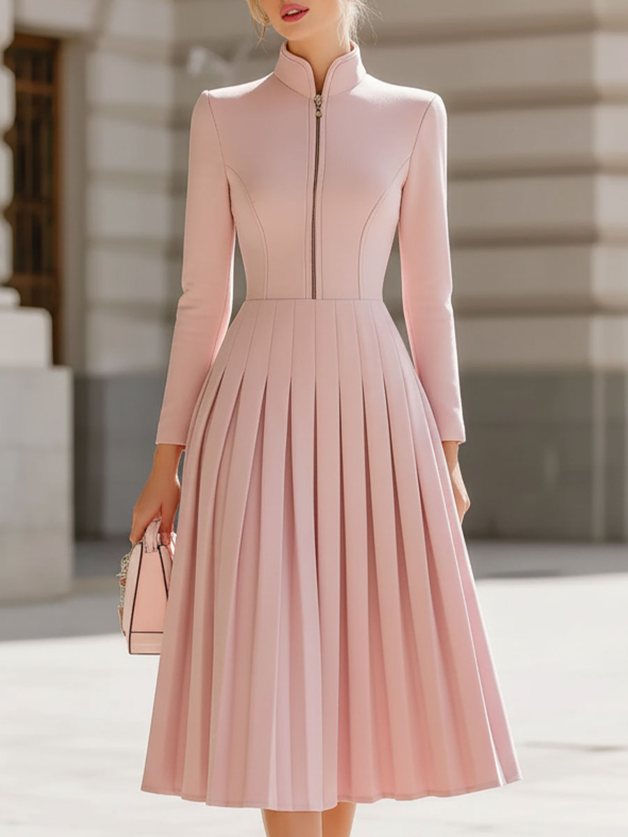 Anna-Berg | Elegant Blush Pink Pleated Midi Dress With Stand Collar