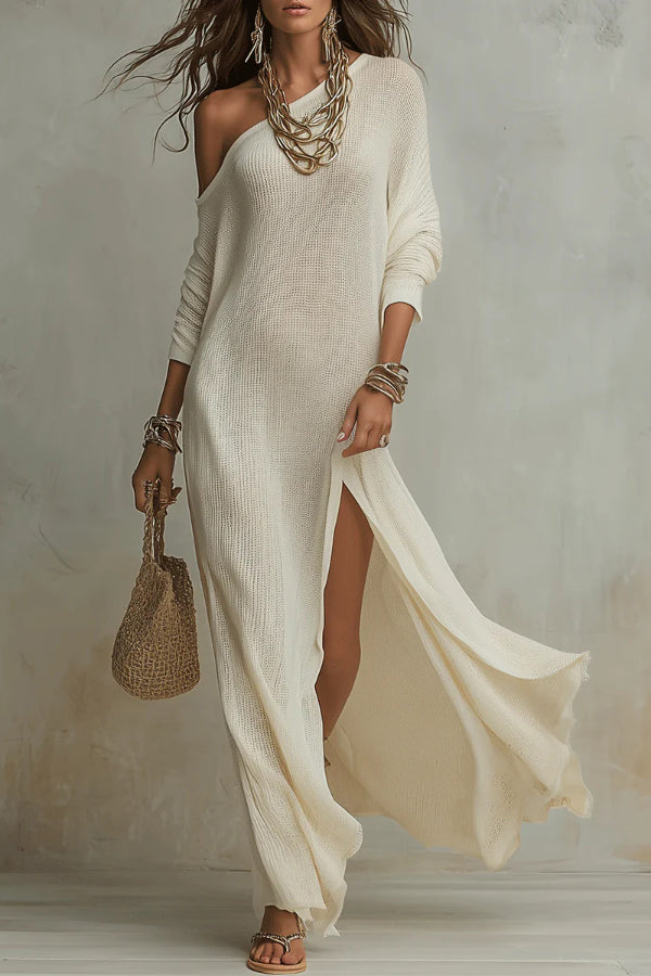Anna-Berg | Solid Color Slant Collar Long Dress