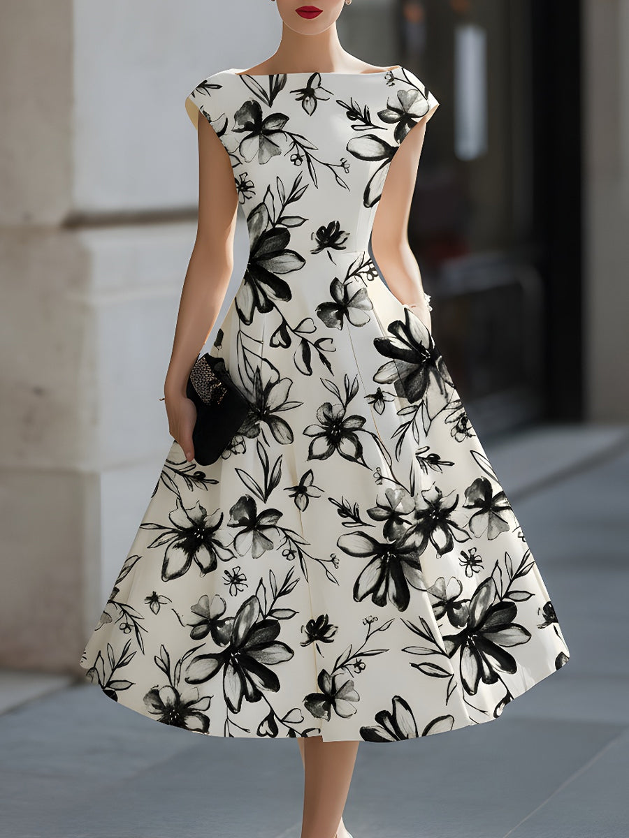 Anna-Berg | Floral Ink Print Cap Sleeve Dress