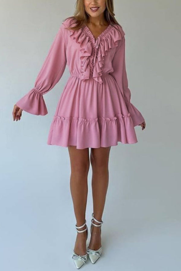 Anna-Berg | Solid Color V-Neck Ruffled Ruched Dress