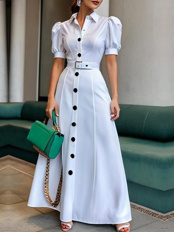 Anna-Berg | Puff Sleeves Short Belted Buttoned Dress