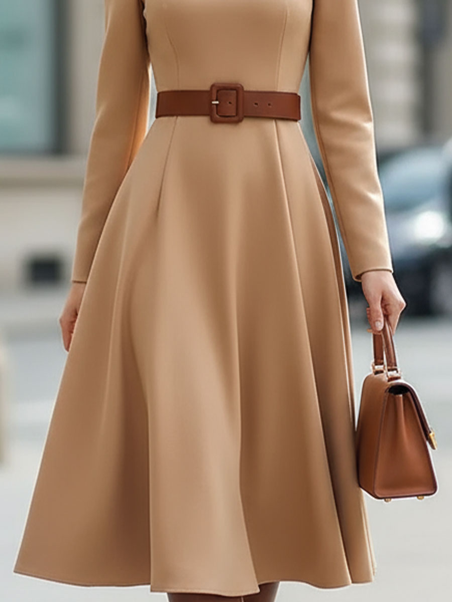 Anna-Berg | Elegant Camel Turtleneck Belted Dress