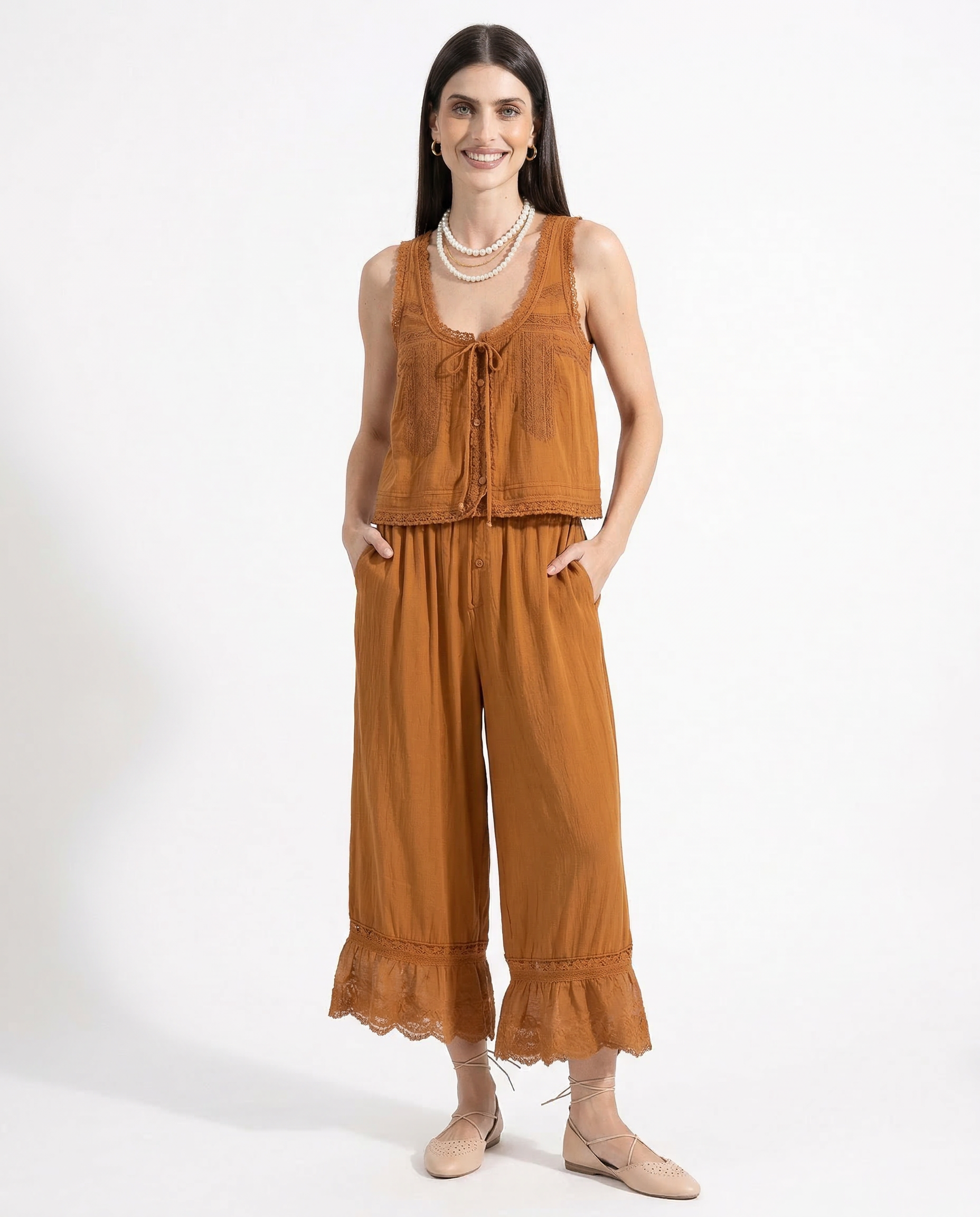Anna-Berg | Ivory Cropped & High-Waist Lace Two-Piece Set