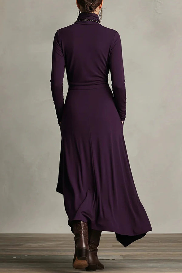 Anna-Berg | Solid Color High-Neck Long-Sleeved Irregular Dress