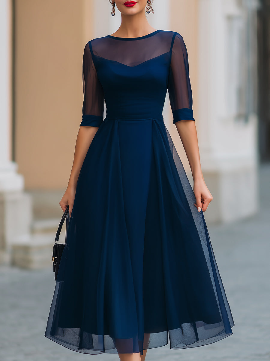 Anna-Berg | Navy Blue Sheer Overlay Fit-and-Flare Midi Dress