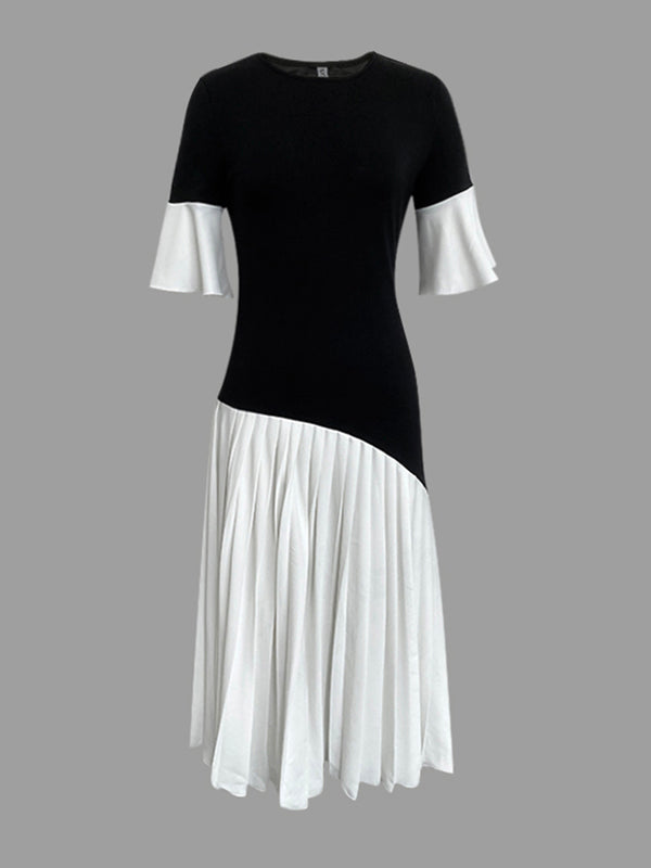Anna-Berg | Flared Sleeves Half Pleated Split-Joint Dress