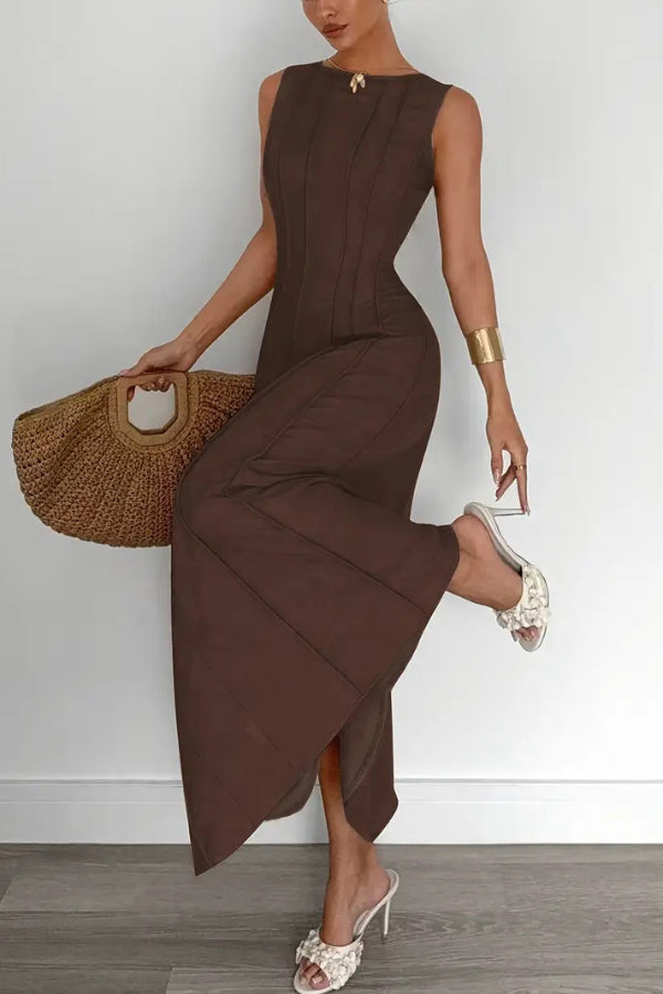 Anna-Berg | Solid Color Round Neck Sleeveless Dress