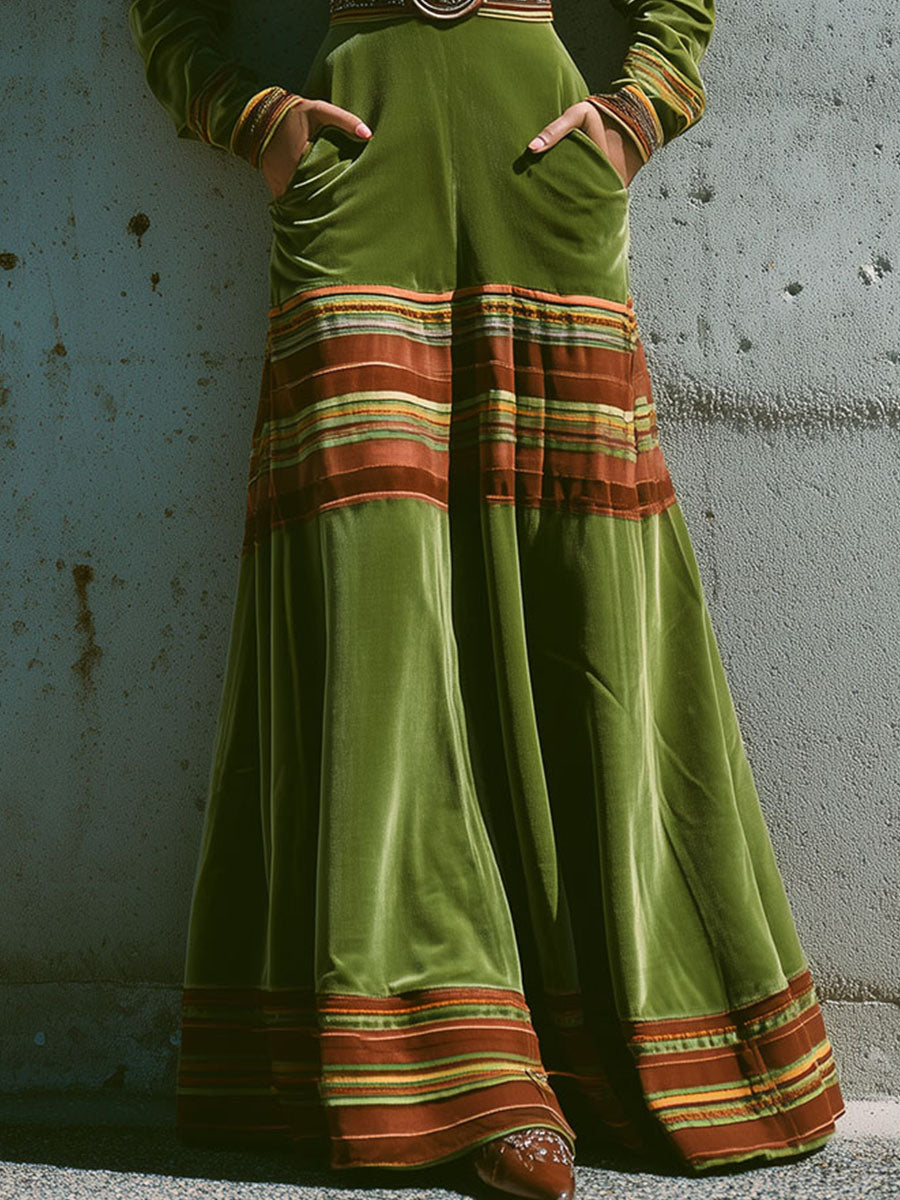 Anna-Berg | Boho Olive Green Velvet Striped Dress