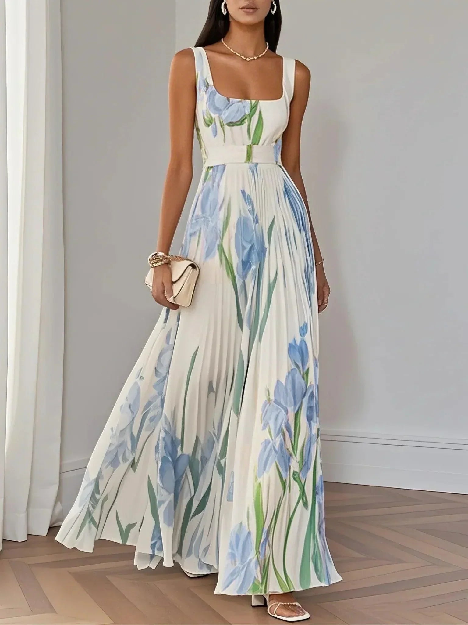 Anna-Berg | Sophisticated Pleated Floral Chiffon Maxi Dress