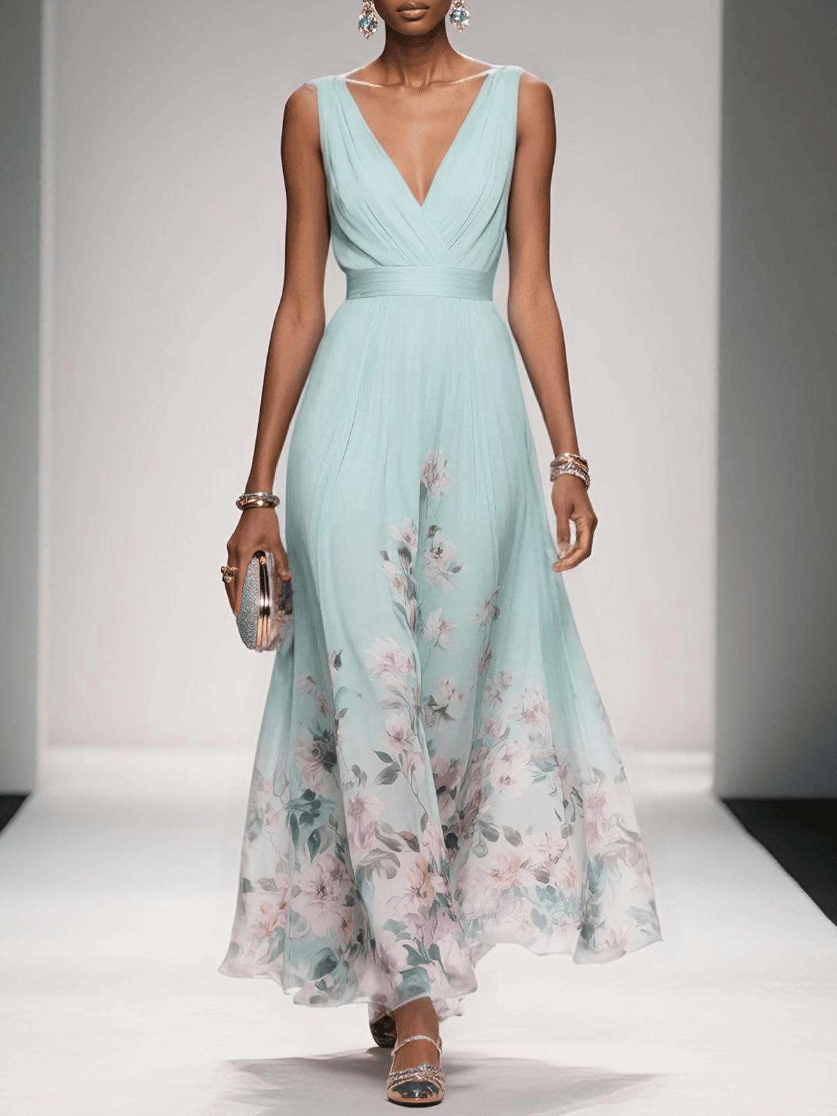 Anna-Berg | Feminine Light Blue Floral V-Neck Maxi Dress
