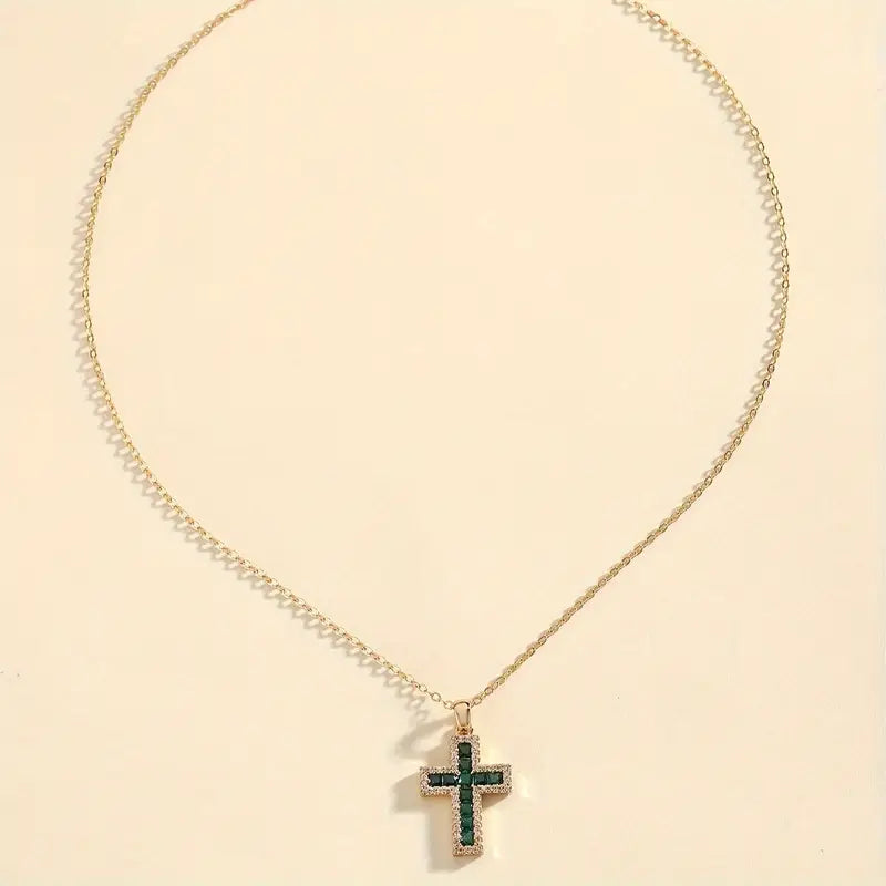 Solene Emerald Cross Pendant Necklace Gold