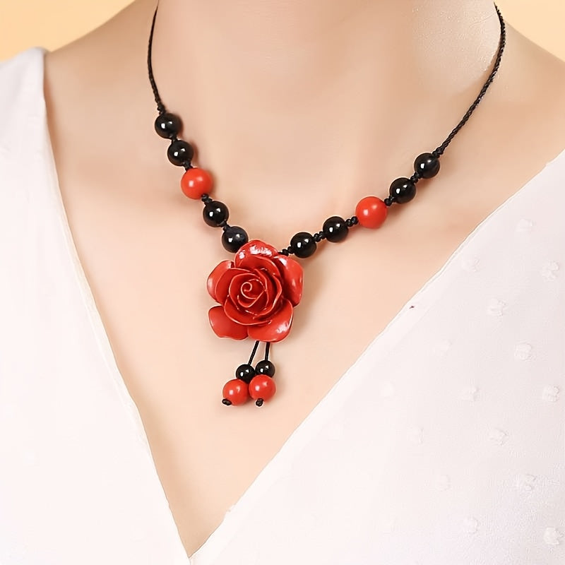 Vintage Elegant Resin Rose Flower Pendant Necklace