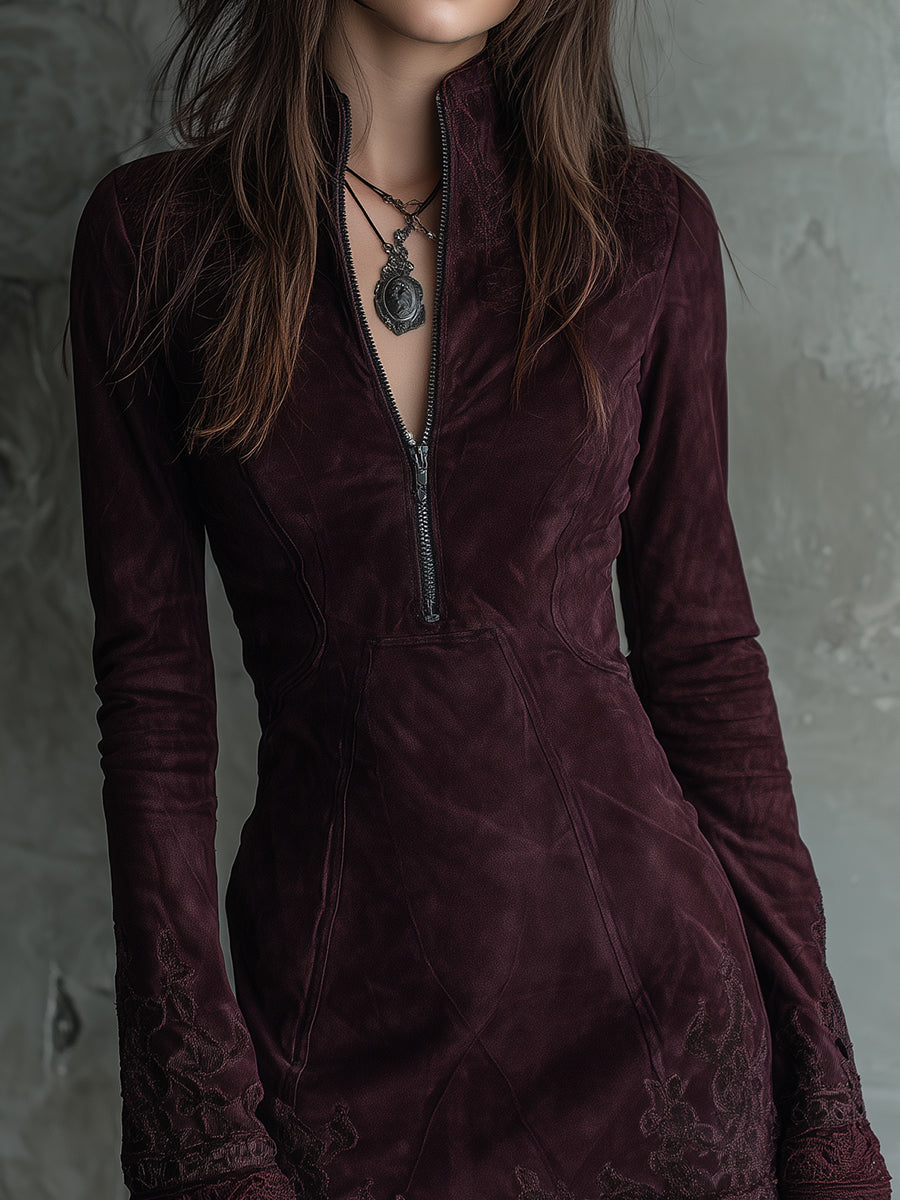 Anna-Berg | Vintage Suede Embroidered Lace Trim Dress