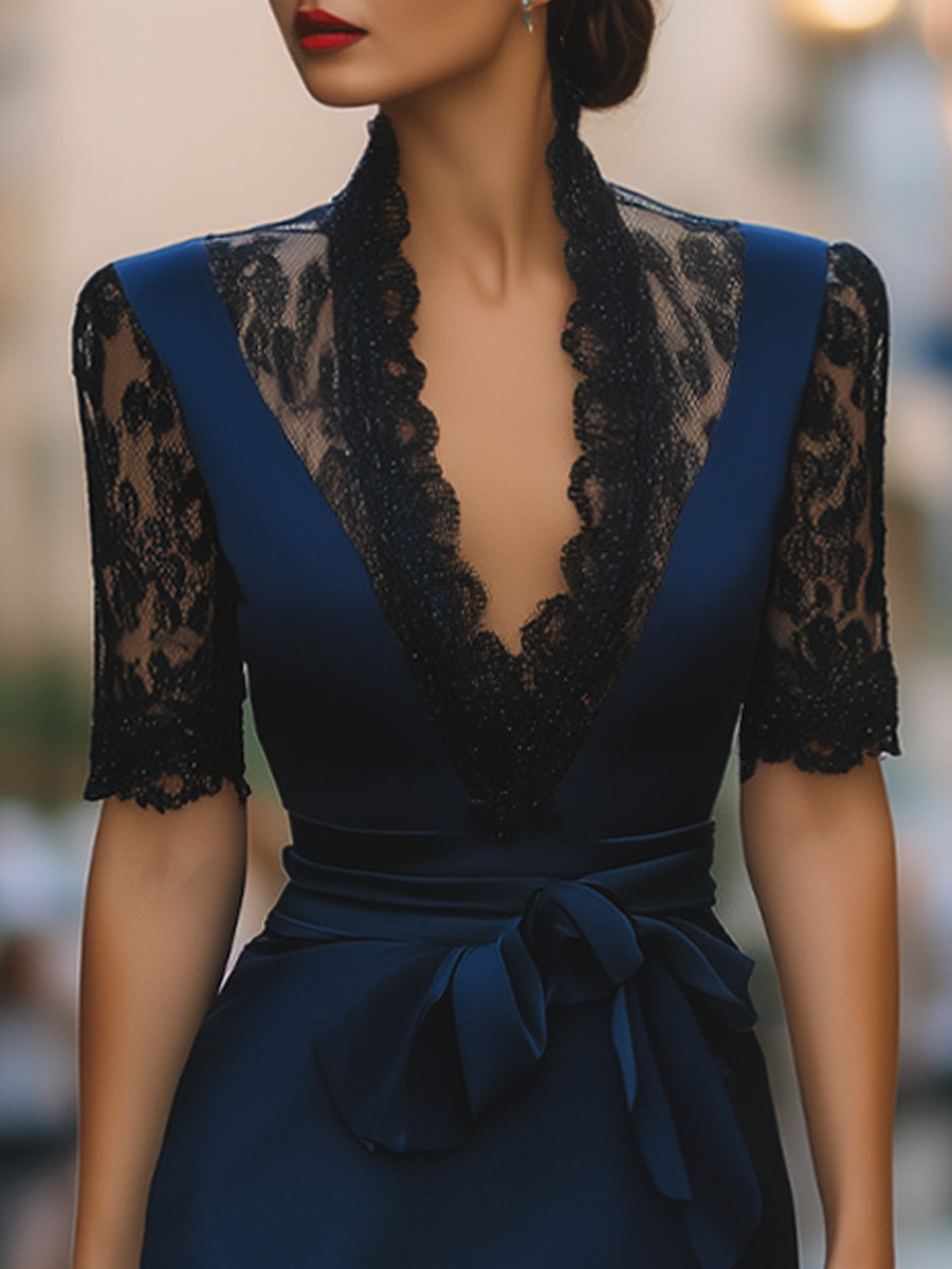 Anna-Berg | Elegant Lace-Trim V-Neck Belted Midi Dress