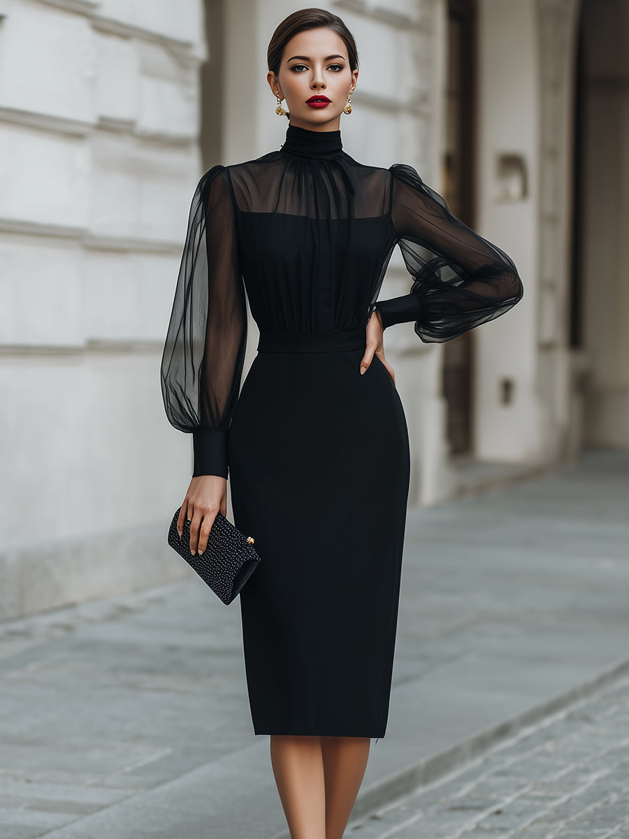 Anna-Berg | High-Neck Sheer Sleeve Tailored Midi Dress