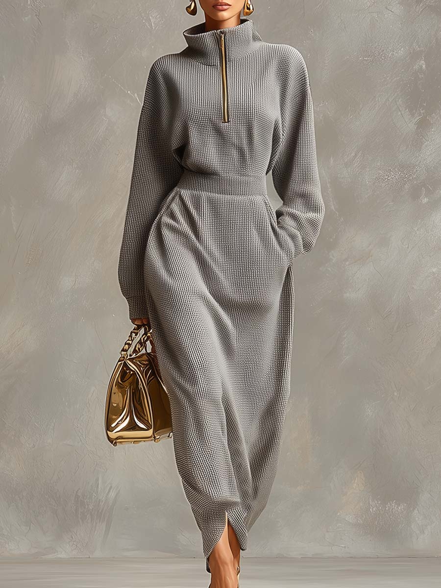 Anna-Berg | Grey Waffle Long Sleeve Casual Dress