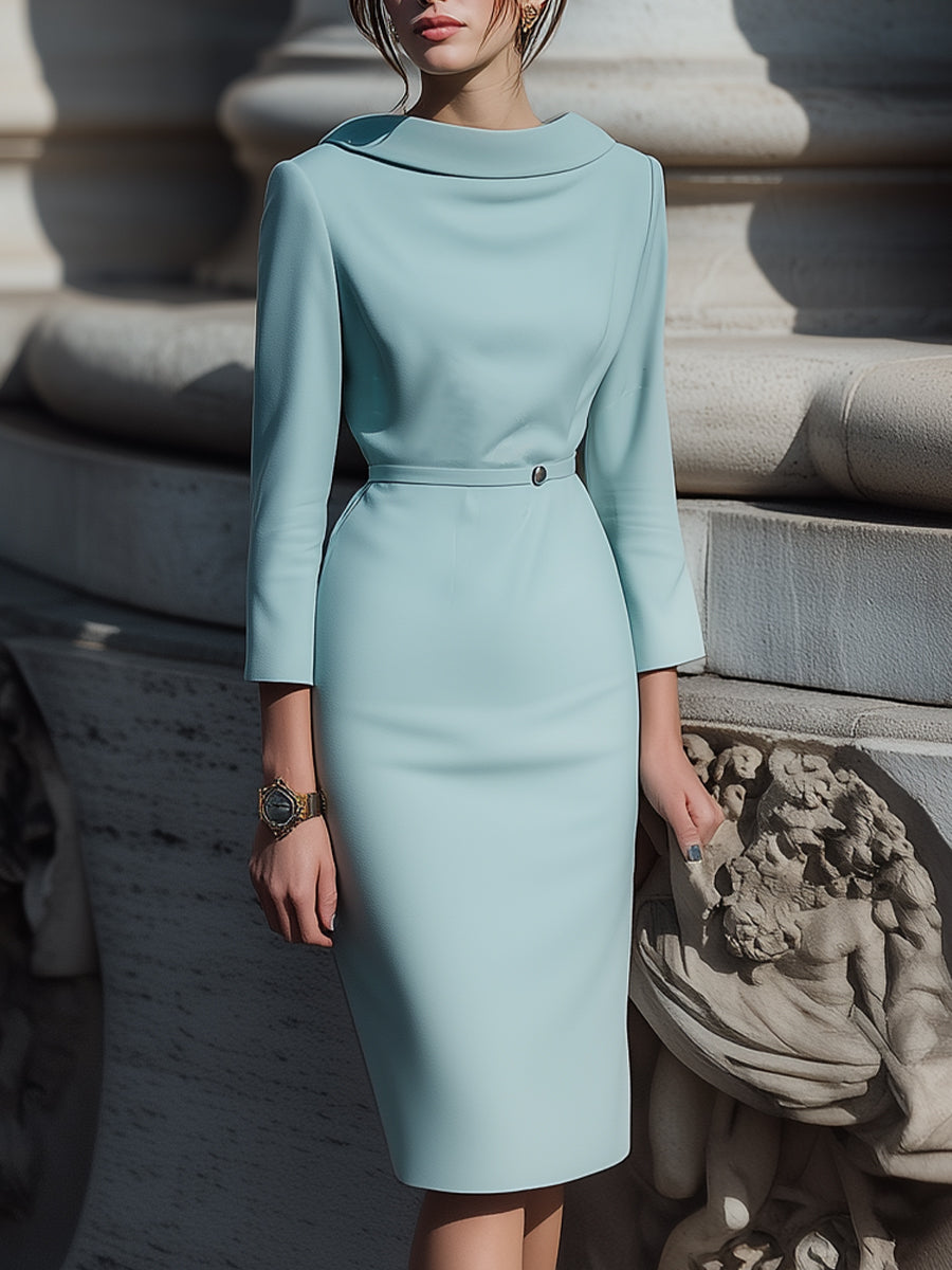 Anna-Berg | Draped Collar Pencil In Powder Dress