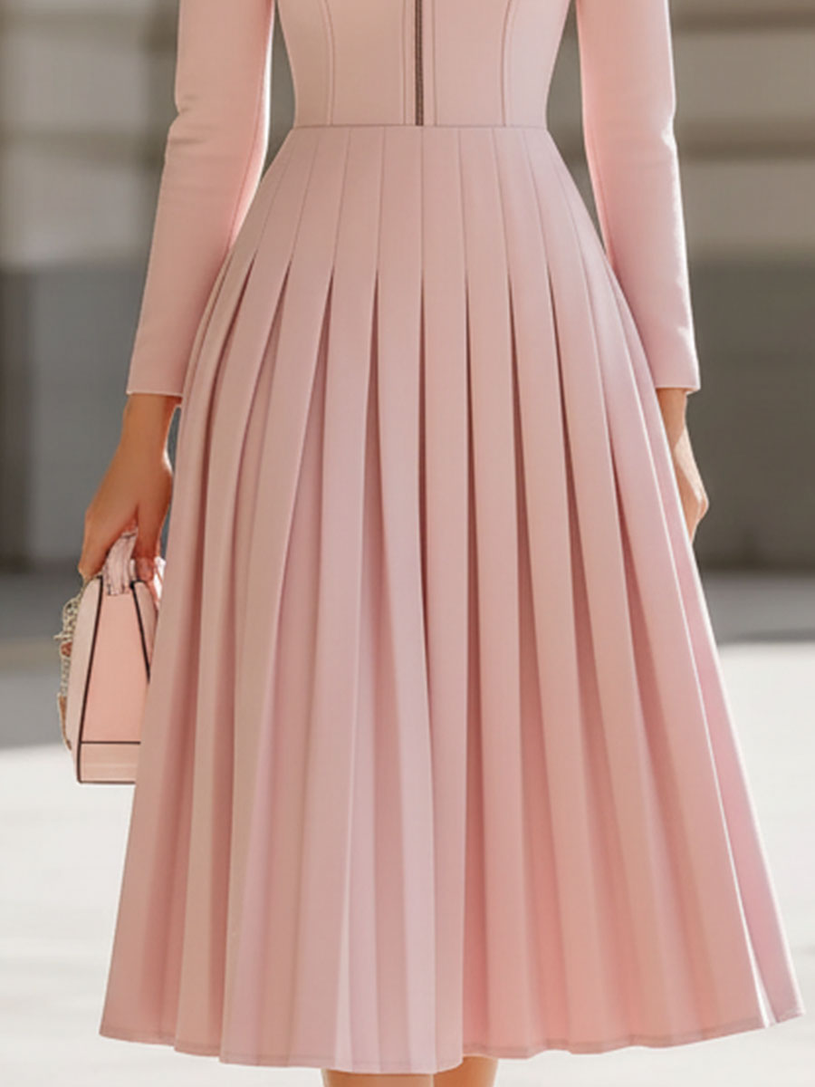 Anna-Berg | Elegant Blush Pink Pleated Midi Dress With Stand Collar