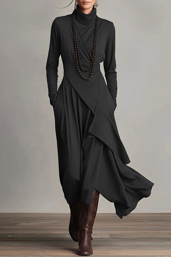 Anna-Berg | Solid Color High-Neck Long-Sleeved Irregular Dress