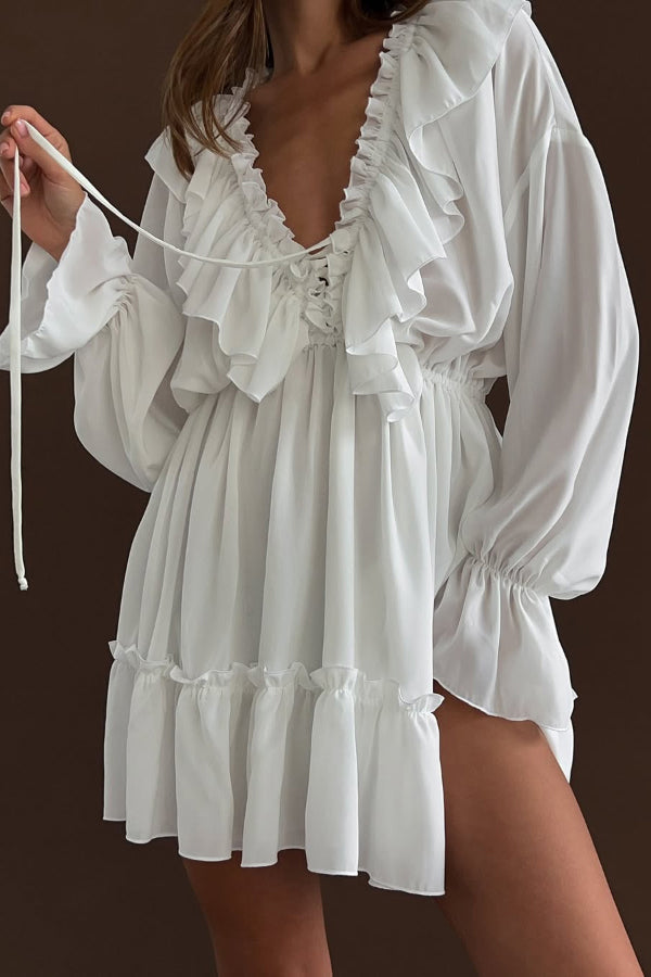 Anna-Berg | Solid Color V-Neck Ruffled Ruched Dress