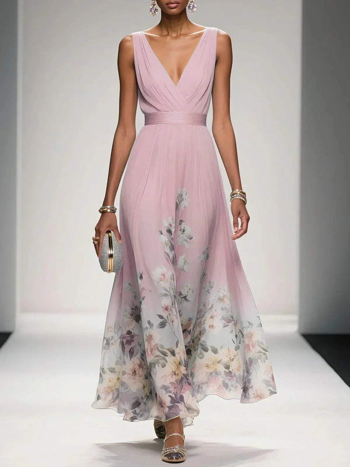 Anna-Berg | Feminine Light Blue Floral V-Neck Maxi Dress