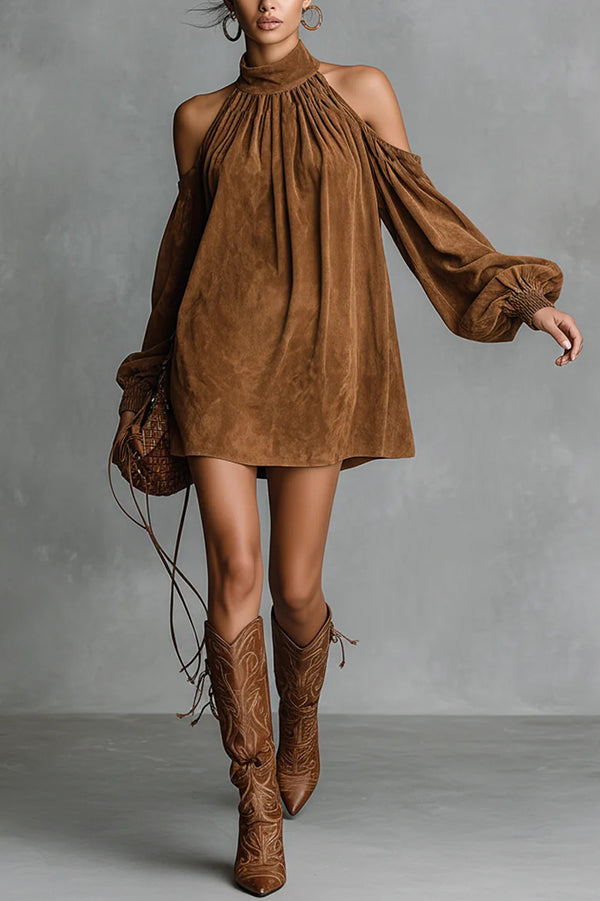 Anna-Berg | Stylish Off-Shoulder Lantern-Sleeved Suede Loose Dress