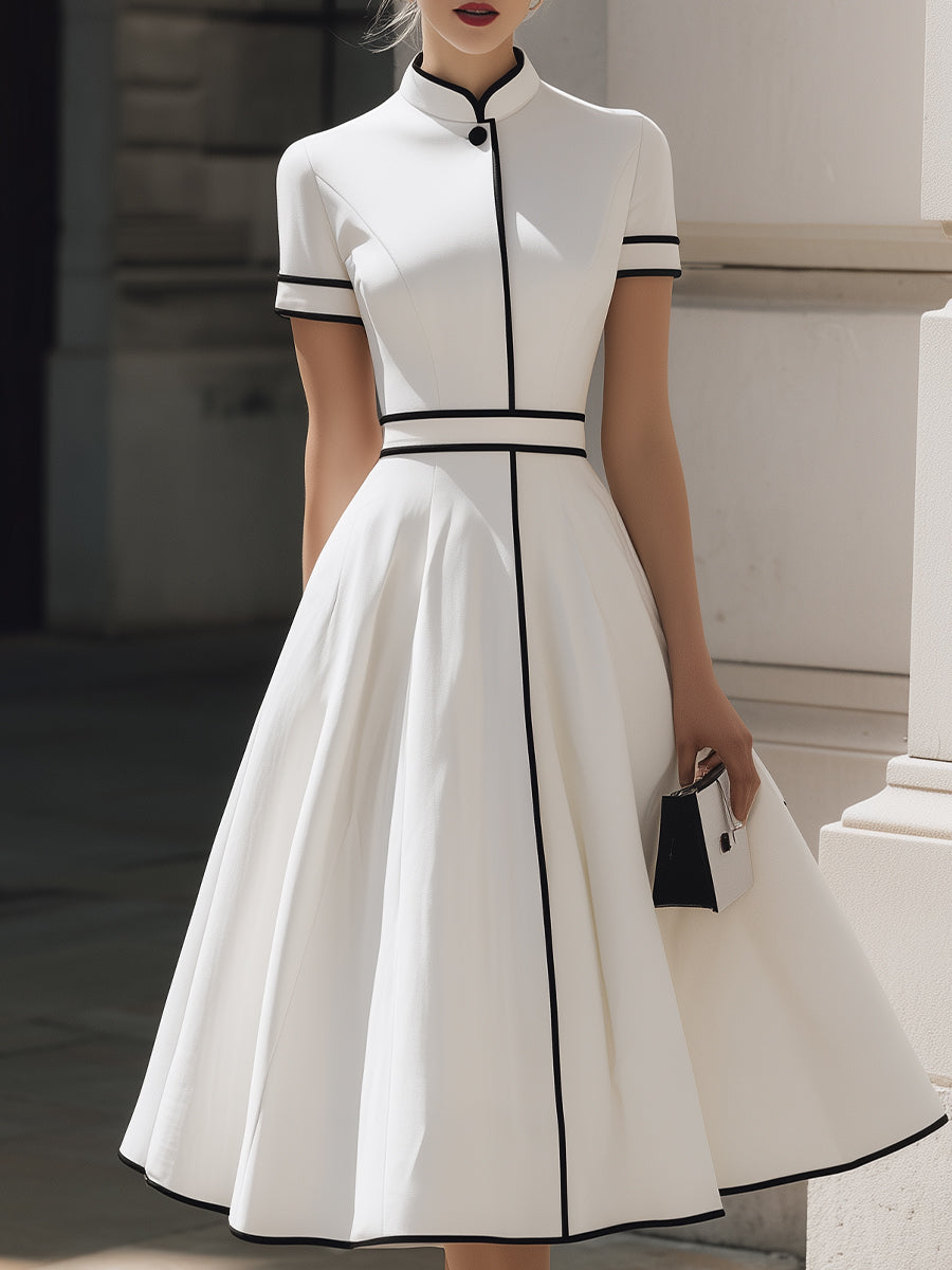 Anna-Berg | Timeless Contrast-Piped Mandarin Collar Dress