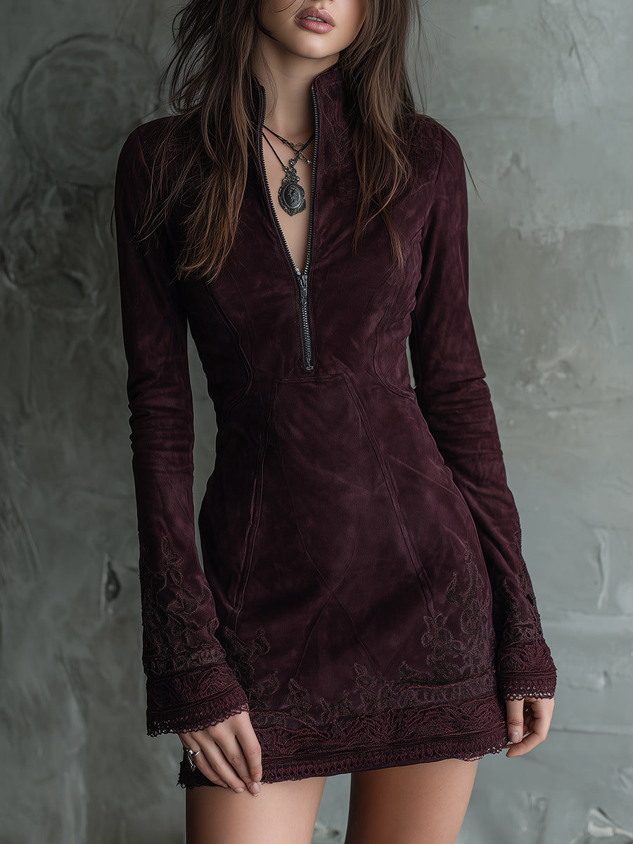 Anna-Berg | Vintage Suede Embroidered Lace Trim Dress