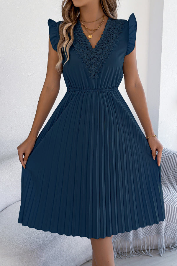 Anna-Berg | Solid Color V-Neck Lace-Trimmed Sleeveless Dress