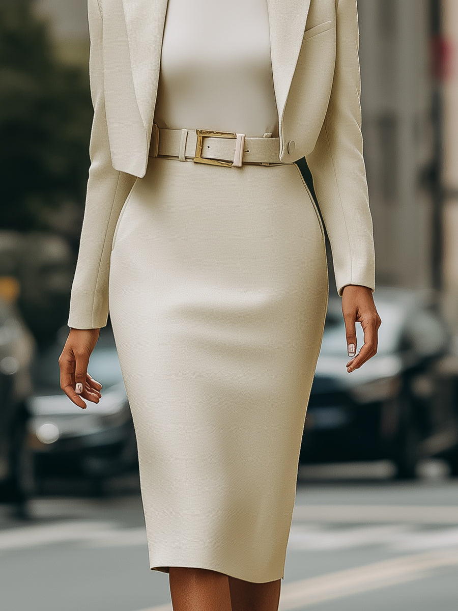 Anna-Berg | Cream Cropped Blazer And High-Waisted Pencil Skirt Set With Belt
