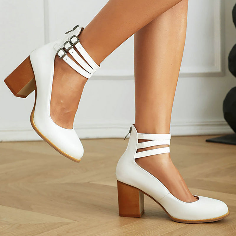 Anna-Berg | Flowing Smooth Sandals With Ankle Strap And Thick Heel