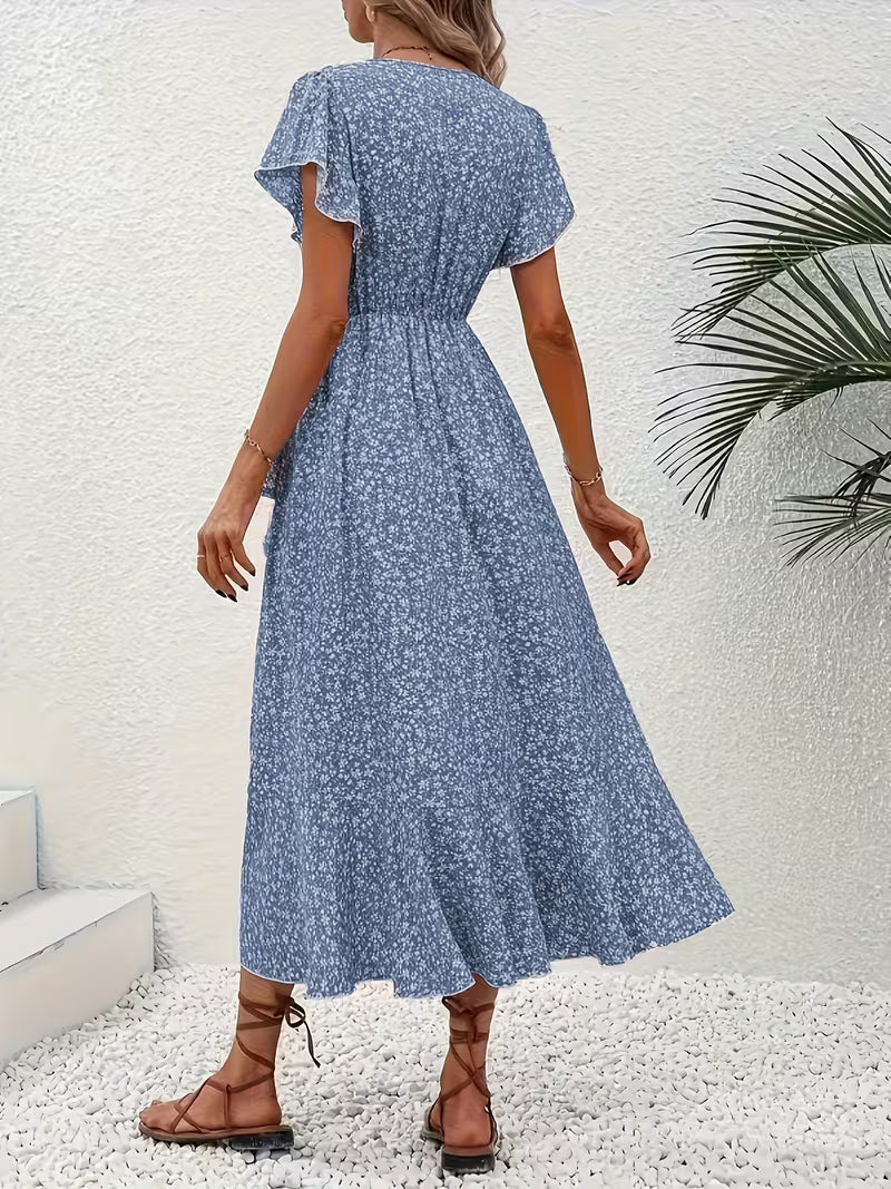 Anna-Berg | Timeless Floral Wrap Midi Dress With Ruffle Sleeves And Asymmetric Hem