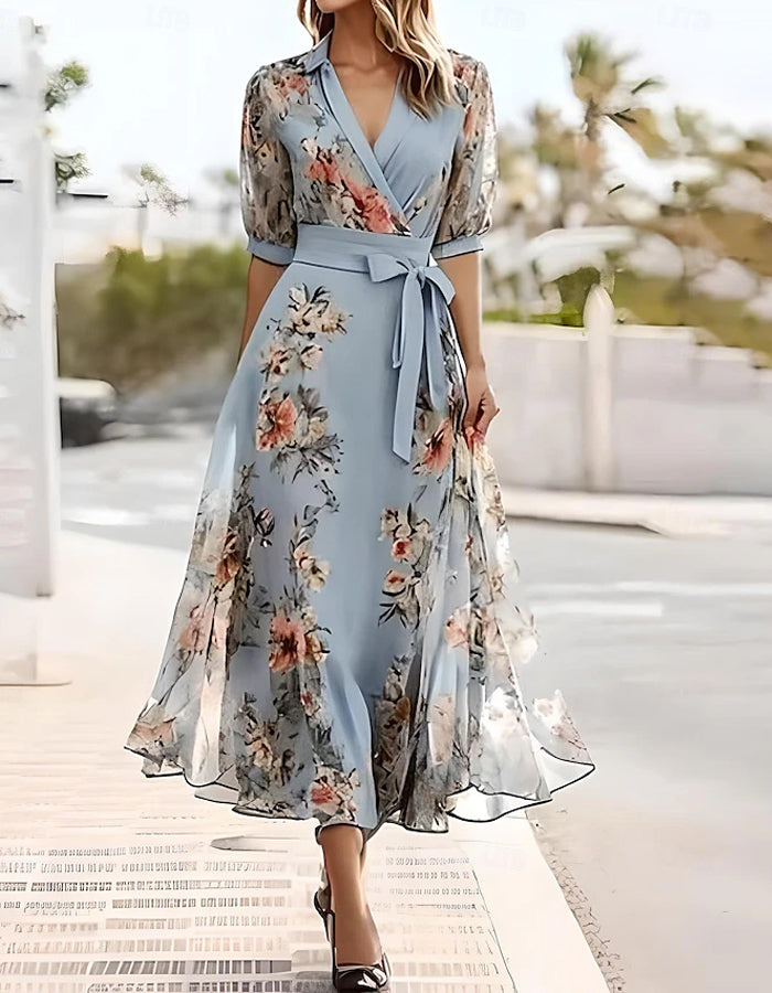 Anna-Berg | Blue Lapel Collar Printed Dress
