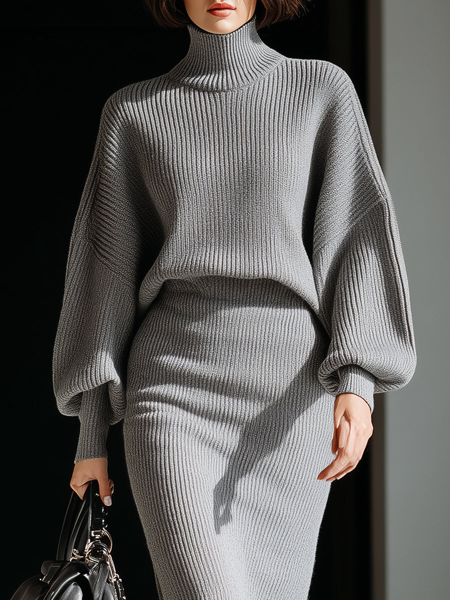 Anna-Berg | Gray Ribbed Turtleneck Batwing Sweater Dress