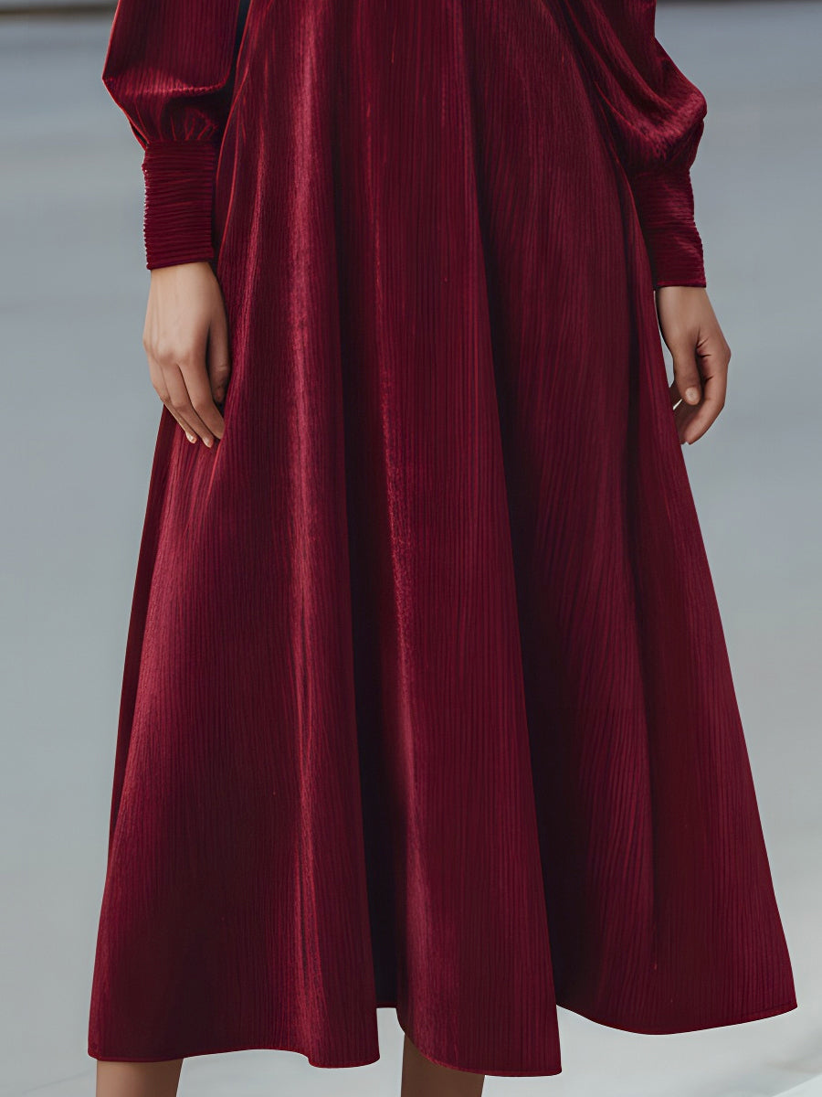 Anna-Berg | Velvet Pleated Bow-Neck Dress